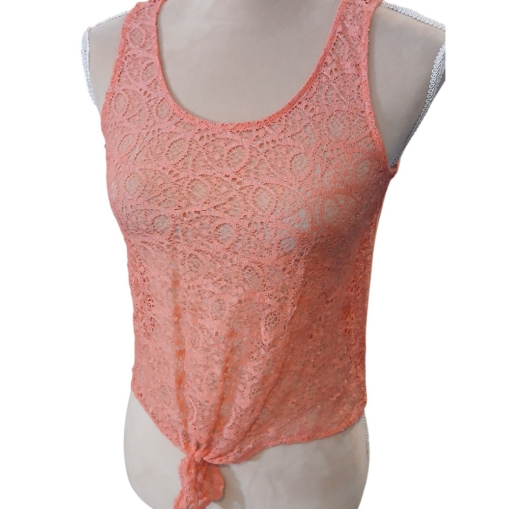 Charlotte Russe Coral Lace Tie Front Tank Top Glitter Mesh Size Juniors Medium - Picture 3 of 10